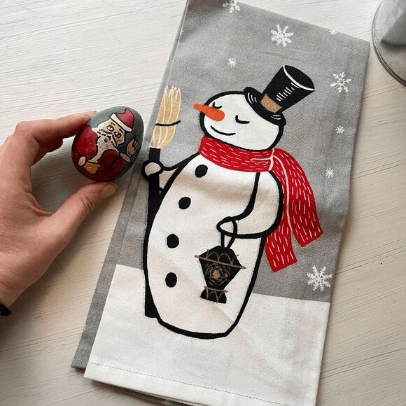Hand-Painted Santa Stone Egg & Threshold Snowman Tea Towel Set - Picture 2 of 7